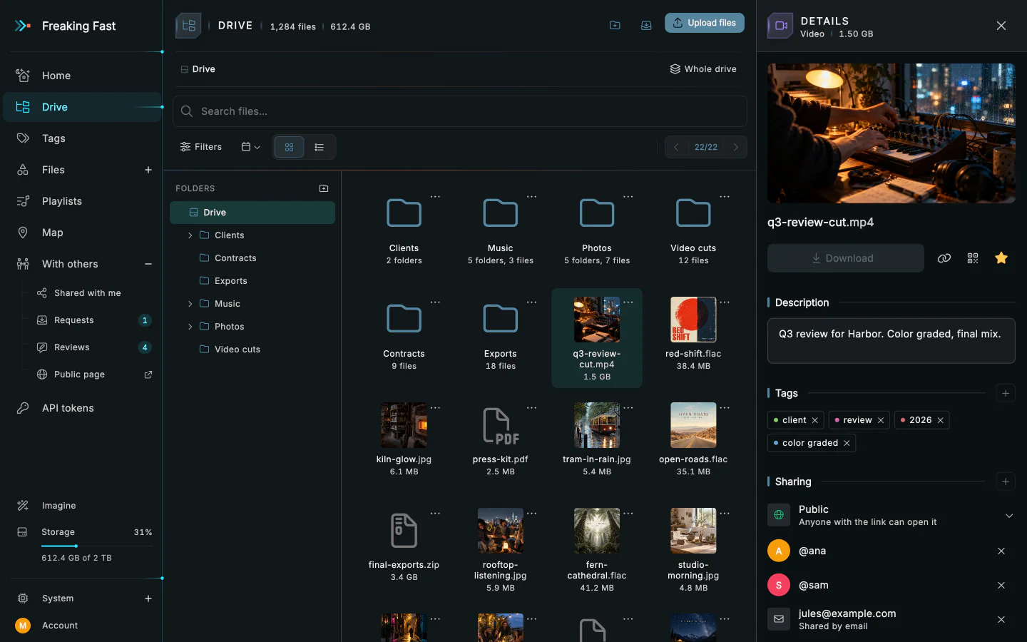 The drive with a video's details open: its folder, tags, star and description, who it's shared with, how often it's been opened, and its camera and codec.