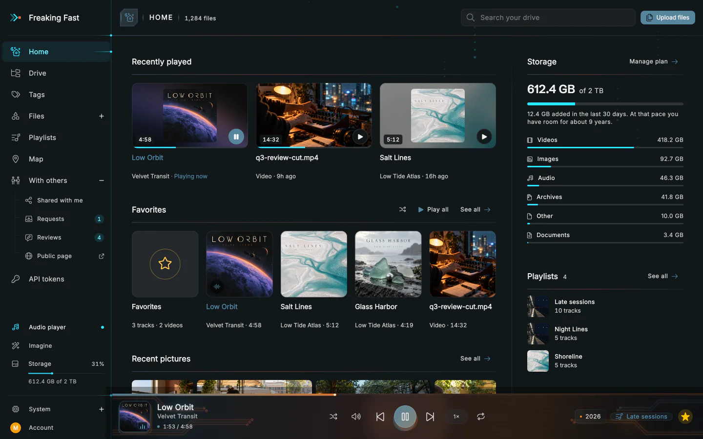 The app's home: what was played lately, favourite tracks and videos, the newest pictures, and a rail with storage, playlists, galleries and sharing.
