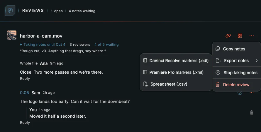 A review of harbor-a-cam.mov: reviewers' notes pinned to moments in the cut, a reply, and the menu that exports them for DaVinci Resolve or Premiere Pro.