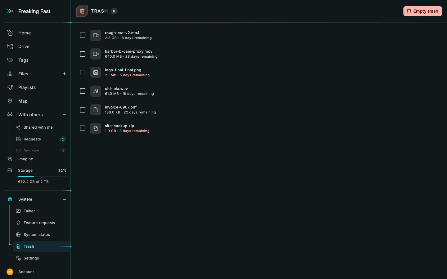 The trash: deleted files, each with the days it has left before it's gone for good.